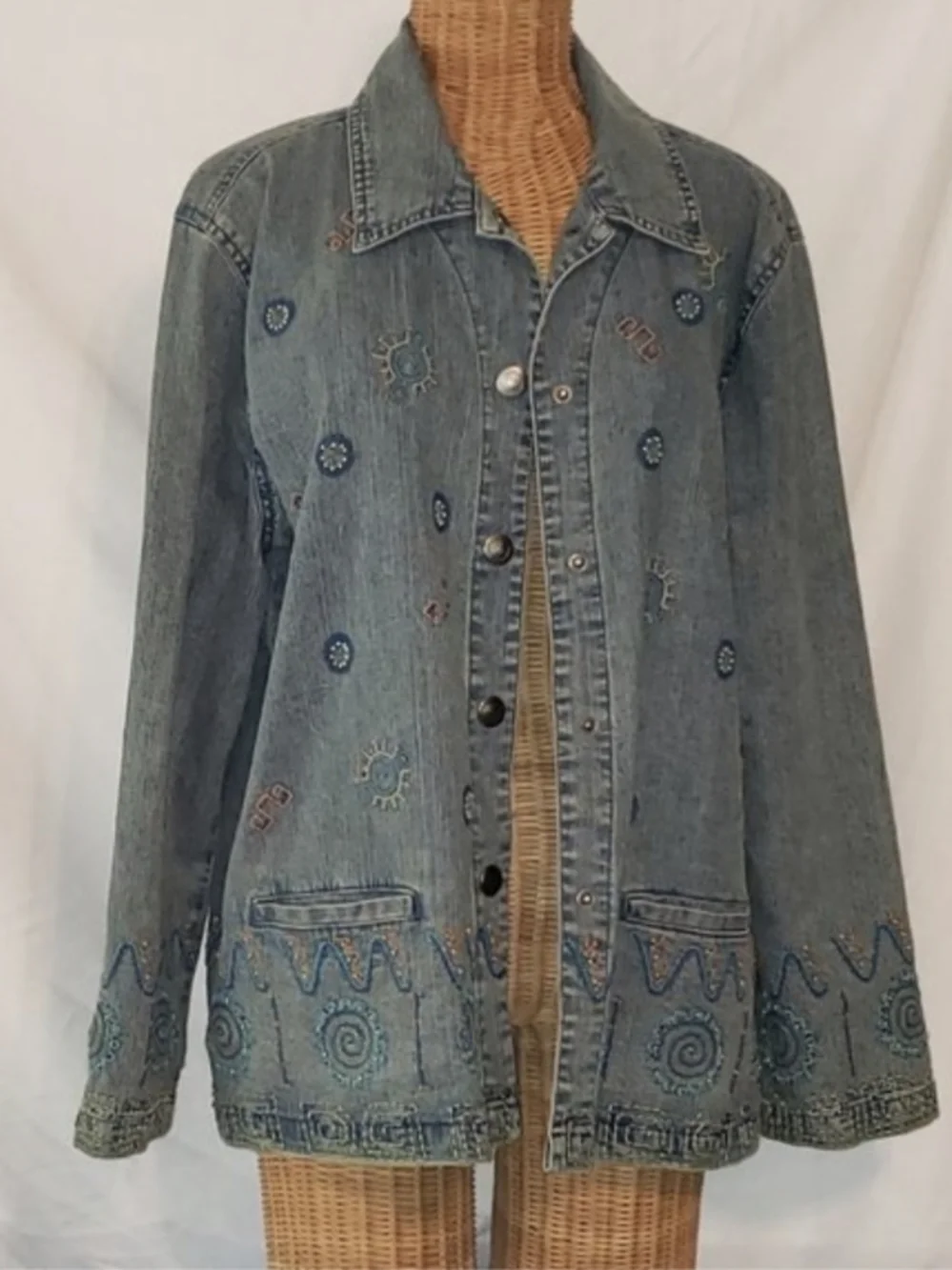 90s Hearts Of Palm Embroidered Beaded Blue Brushed Denim Jean Jacket Women's 18 - Picture 2 of 12